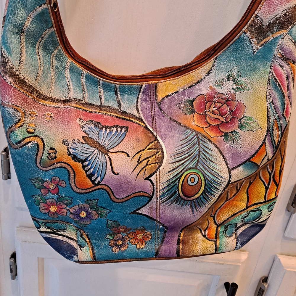 Sova Handpainted Signed Multicolor Floral Butterfly Peacock Tan Leather Hobo